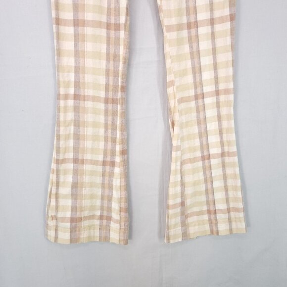 Free People Plaid Flare Pants Womens 0 Linen Blend Low Rise Retro Hippie Boho - Picture 6 of 16